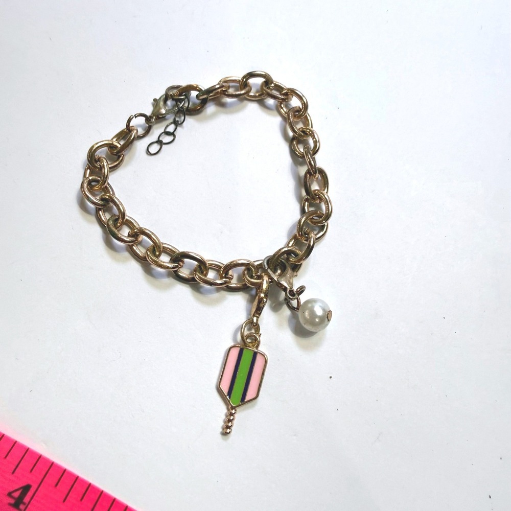Gold Tone Chunky Link Charm Bracelet Pink Green Enamel Faux Pearl 8.5in
